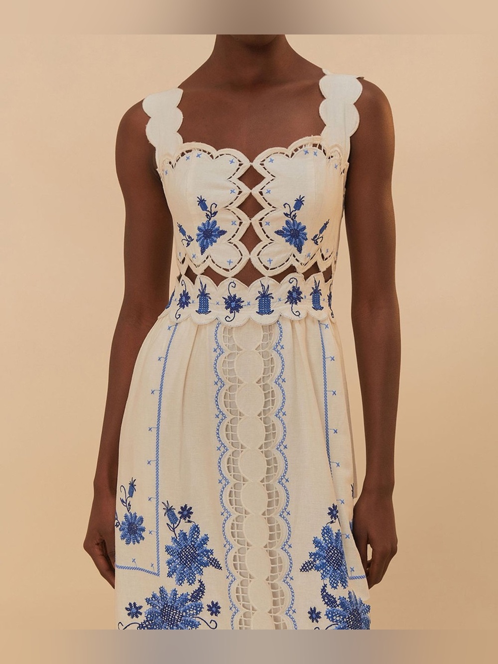 Farm Rio Cross Stitch Richelieu Sunflower Midi Dress white and blue sundress - Picture 2 of 10